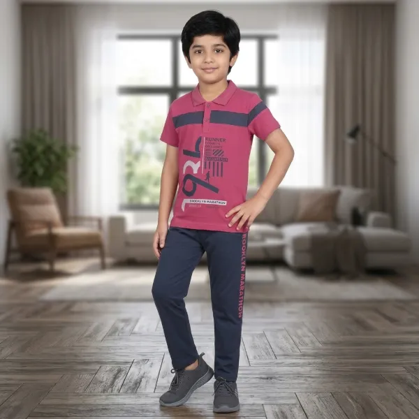 Boys cotton collar set 2-12 years - runner - maroon - story kids