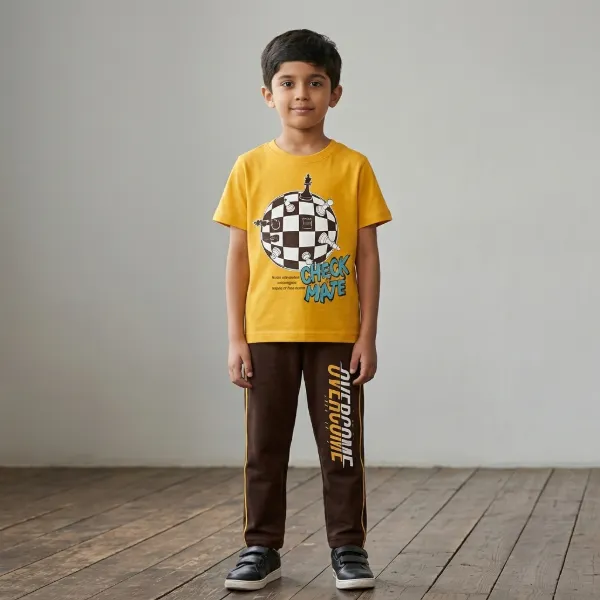 Boys cotton full pant set 2-6 years - check mate - orange - story kids