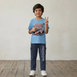 Boys cotton full pant set 2-6 years - street race - blue - story kids